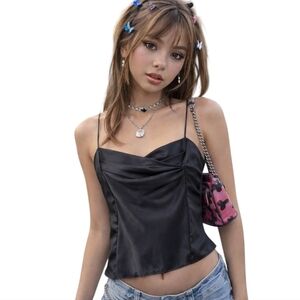 Y2K Satin Camisole Vintage Fairy Layering Womens Medium Black